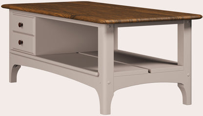 The Hapton coffee table from Laura Ashley in Soft Truffle painted finish with Dark Chestnut top, featuring drawers and a lower shelf.