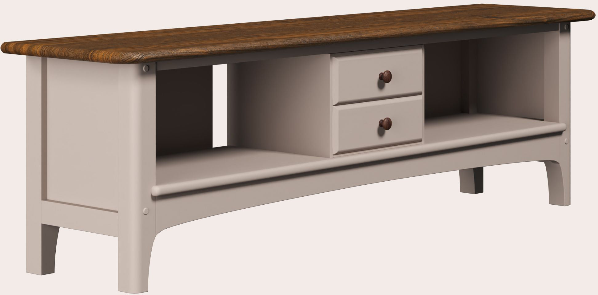 The Laura Ashley 2 drawer wide TV unit from the Hapton range made with soft truffle coloured wood unit and a dark chestnut coloured top