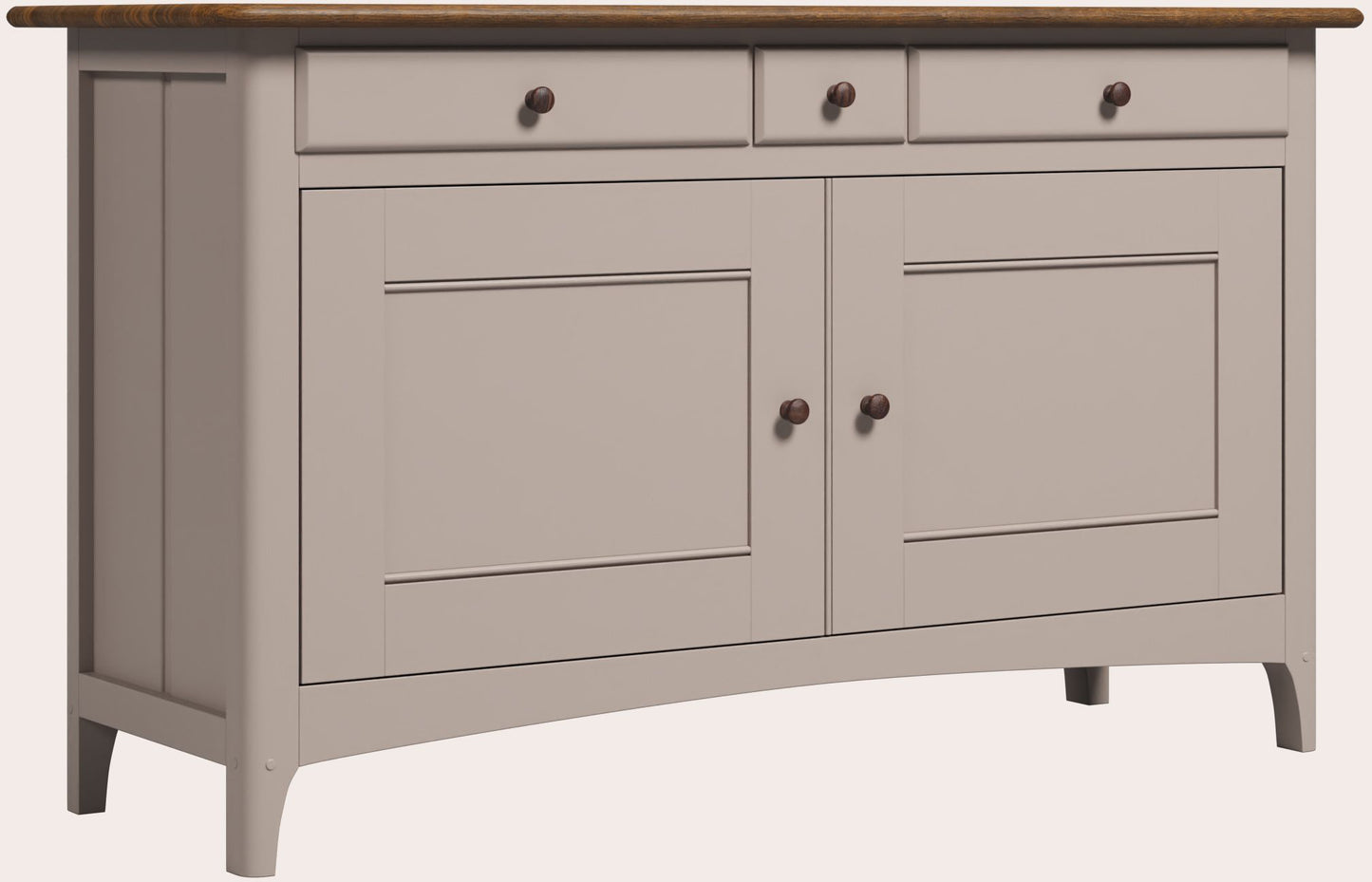 The Laura Ashley Hapton sideboard with Soft Truffle painted frame and Dark Chestnut top, two cupboard doors and three drawers in a Shaker style with matching dark wood handles.