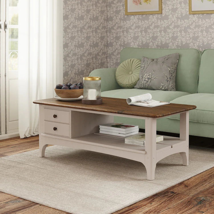 The Laura Ashley 2 drawer coffee table from the Hapton range has a lovely soft truffle colour with a dark wood table top