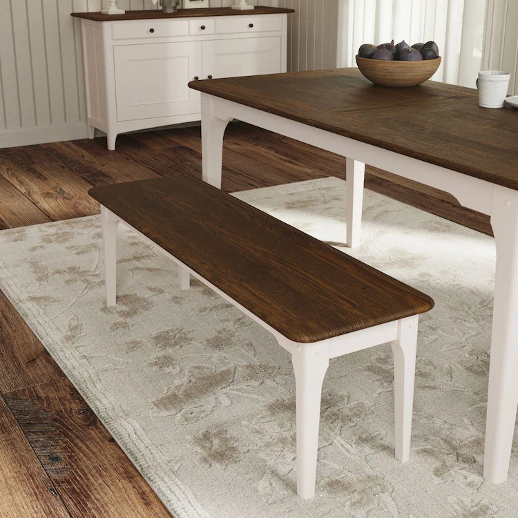 The Laura Ashley Hapton 3 seater dining bench has a dark wood seat and soft truffle coloured legs and matches the extending dining table and chairs available in this range
