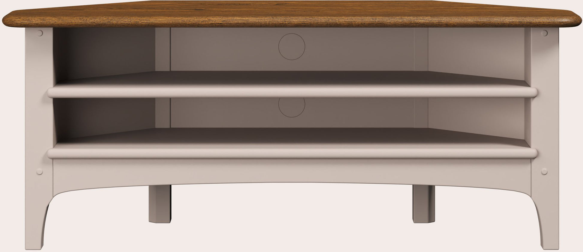 Laura Ashley Hapton Corner TV Unit with shelves and media cable tidy in a soft truffle colour with dark wood top