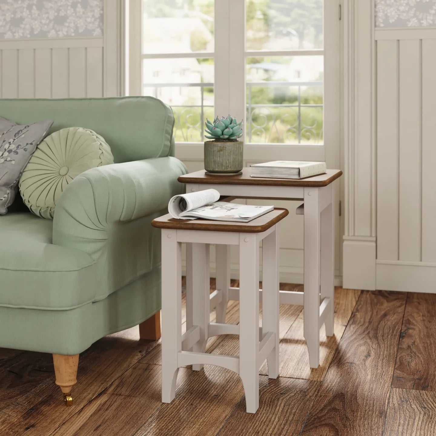 Laura Ashley Hapton nest of two side tables in Soft Truffle paint with Dark Chestnut tops