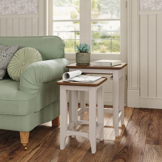Laura Ashley Hapton nest of two side tables in Soft Truffle paint with Dark Chestnut tops