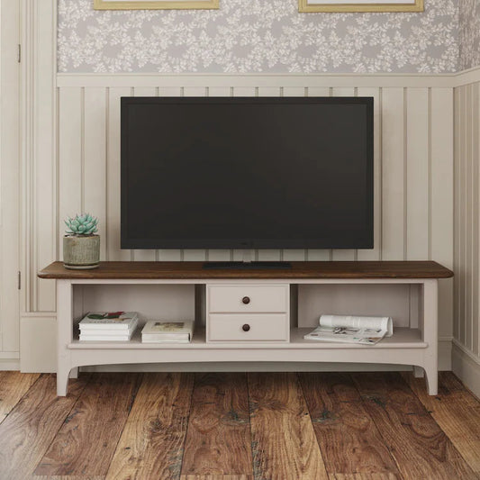 Laura Ashley Hapton Wide TV Unit with 2 middle drawers and open shelves, in a soft truffle colour with dark wood top