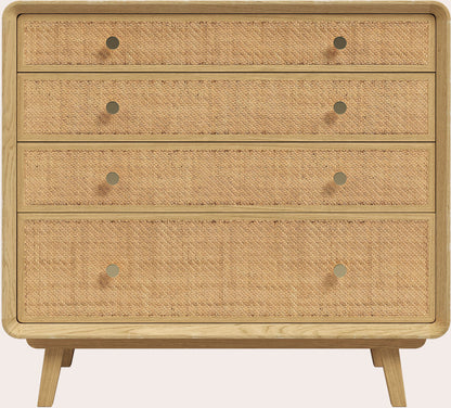 Laura Ashley Millen 4 drawer chest crafted from solid oak and oak veneer with natural rattan drawer fronts, gold knobs and a deeper lower drawer