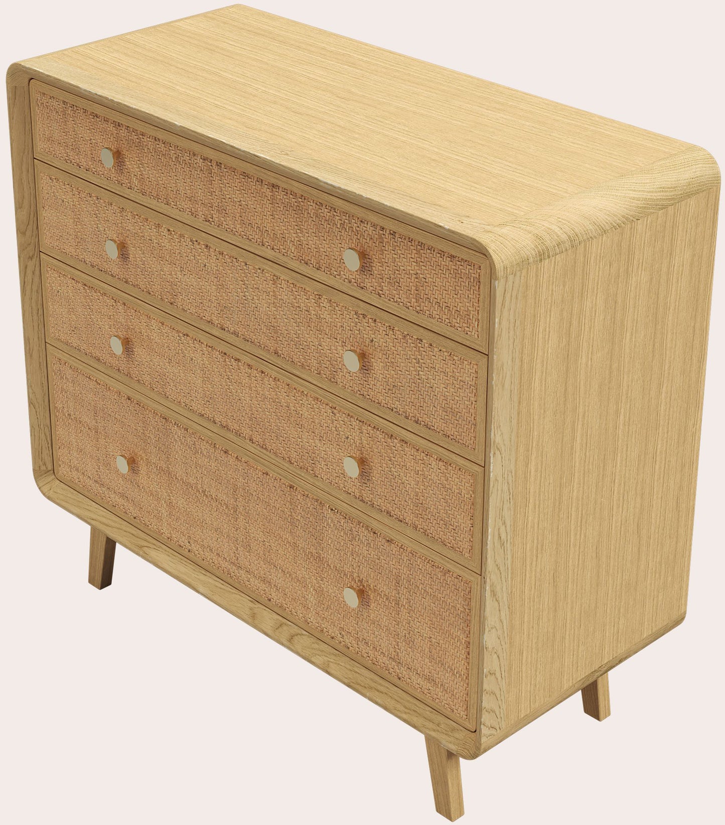 Laura Ashley Millen 4 drawer chest in solid oak and veneers, with rattan drawer fronts and gold knobs