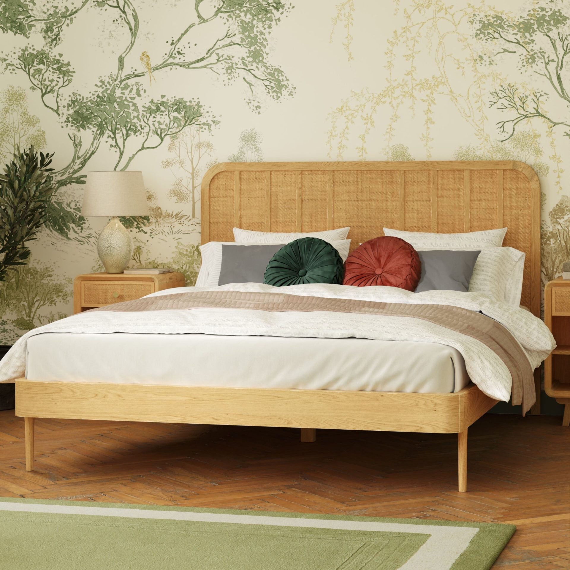 Laura Ashley Millen 4ft 6 double bed frame crafted from solid oak and veneers with a mid century style rattan headboard