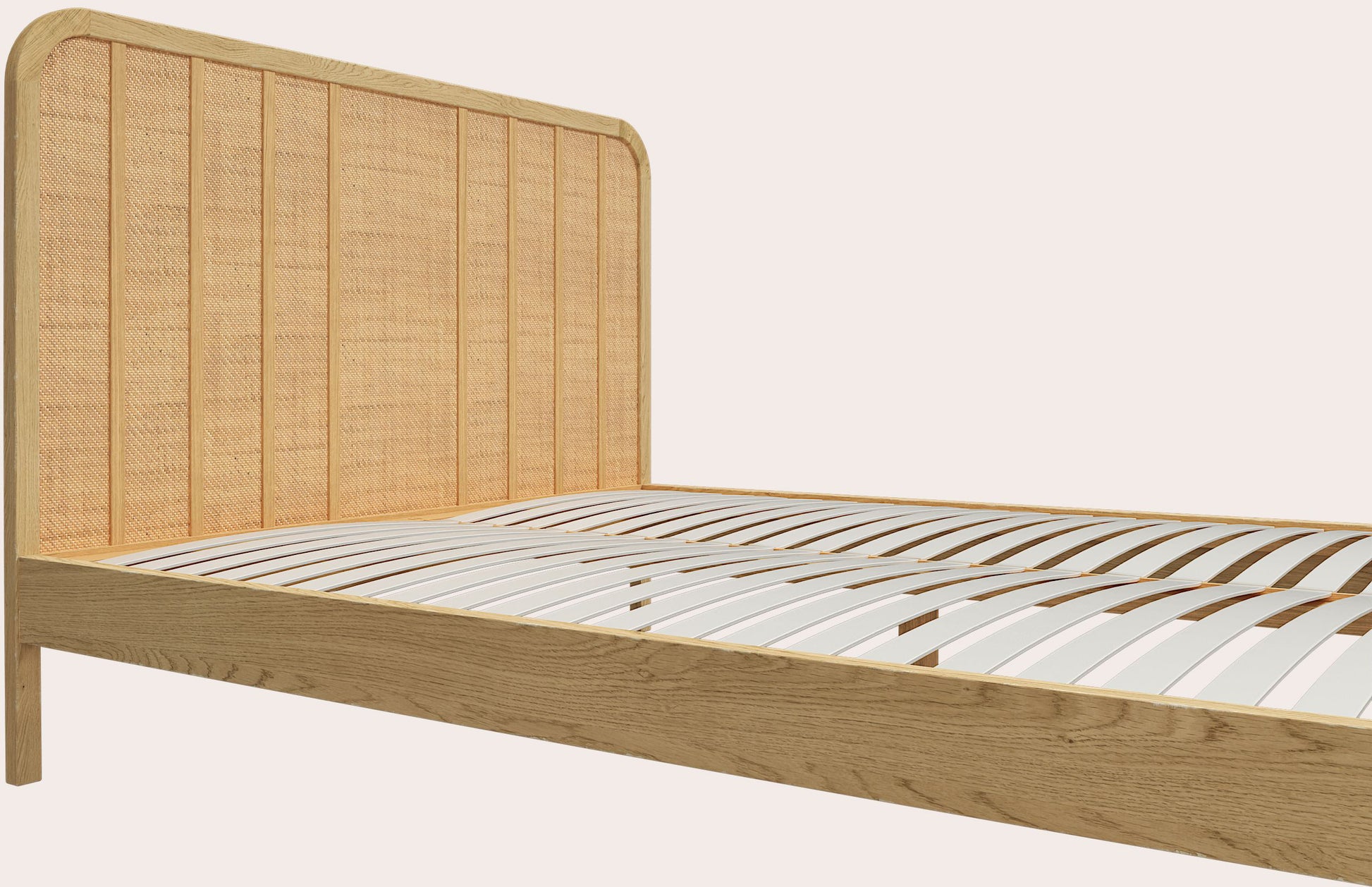 Laura Ashley Millen 4ft 6 double bed solid oak frame with a rattan headboard in a mid century design