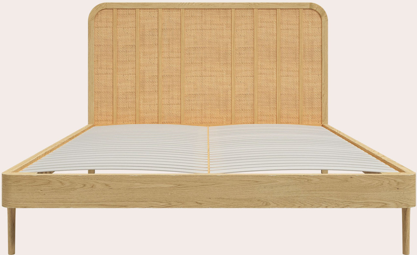 Laura Ashley Millen 5ft bed crafted from solid oak and oak veneers with distinctive rattan panel headboard in a mid century modern style
