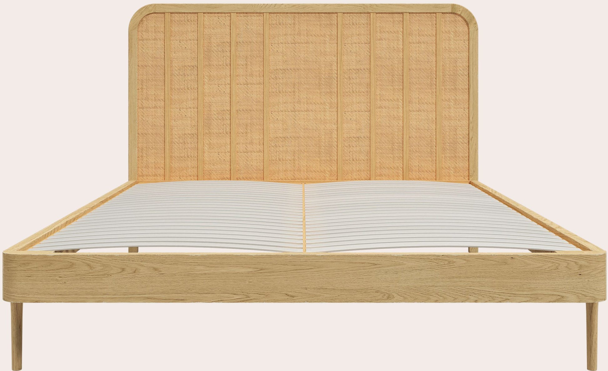 Laura Ashley Millen 5ft bed crafted from solid oak and oak veneers with distinctive rattan panel headboard in a mid century modern style