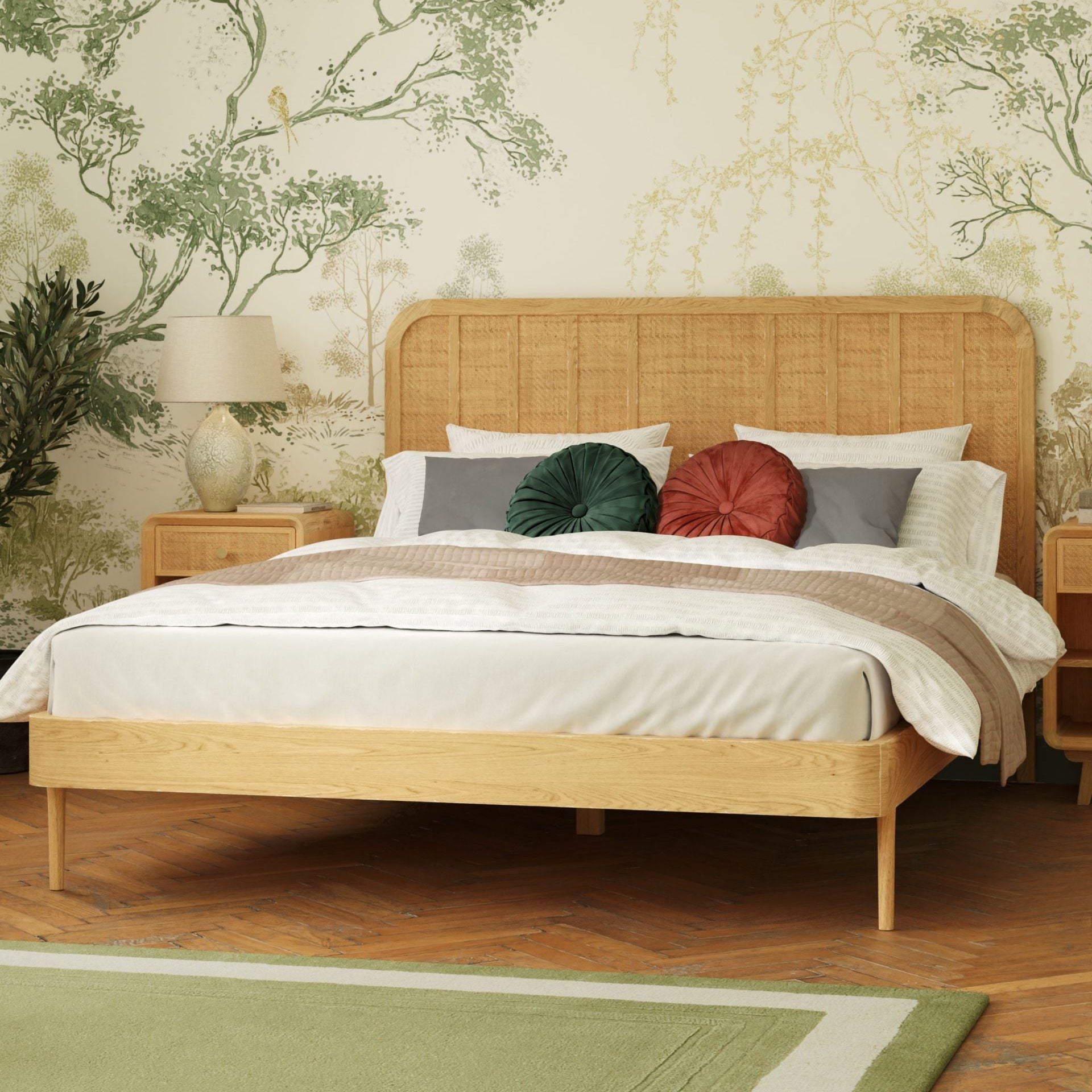 Laura Ashley Millen 5ft king size bed frame crafted from solid oak and oak veneers with a feature rattan headboard