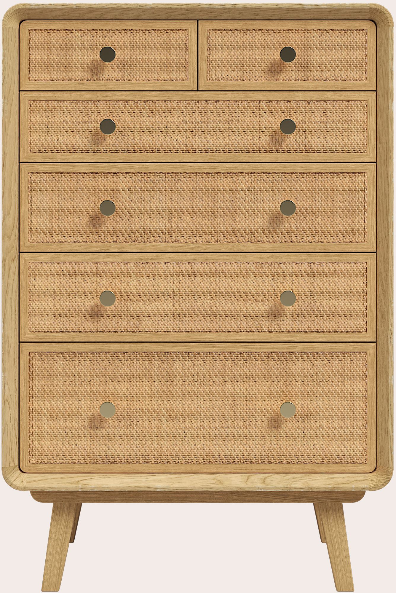 Laura Ashley Millen 6 drawer chest in solid oak with rattan drawer fronts and gold knobs