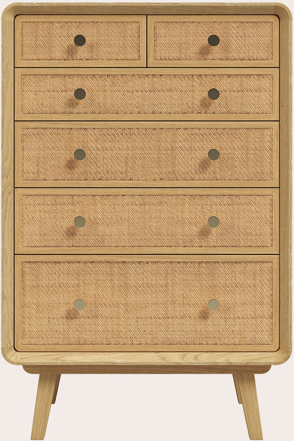 Laura Ashley Millen 6 drawer chest in solid oak with rattan drawer fronts and gold knobs