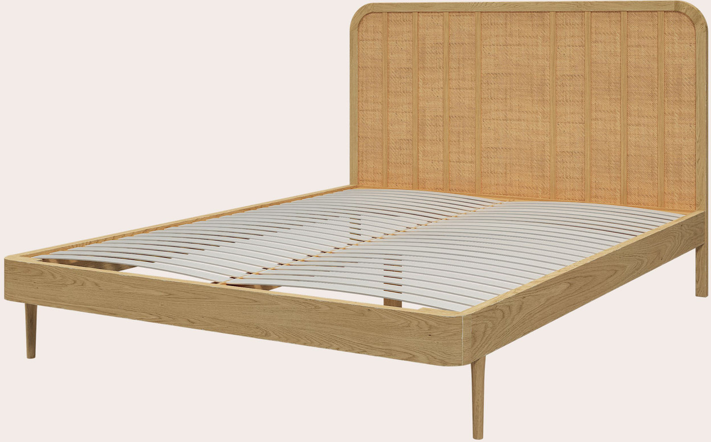 Laura Ashley Millen oak bed frame with woven rattan headboard panels and mid-century styling