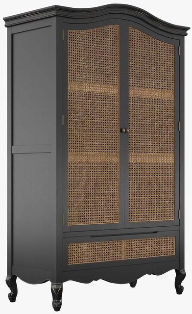 Laura Ashley Montpellier 2 Door 1 Drawer Wardrobe in Black has classic French styling with brown rattan panelled doors and drawer front