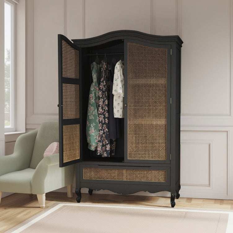 Laura Ashley Montpellier 2 Door 1 Drawer Wardrobe in Black has an elegant French design with curved frame, cabriole legs, brown rattan panelled doors and drawer front