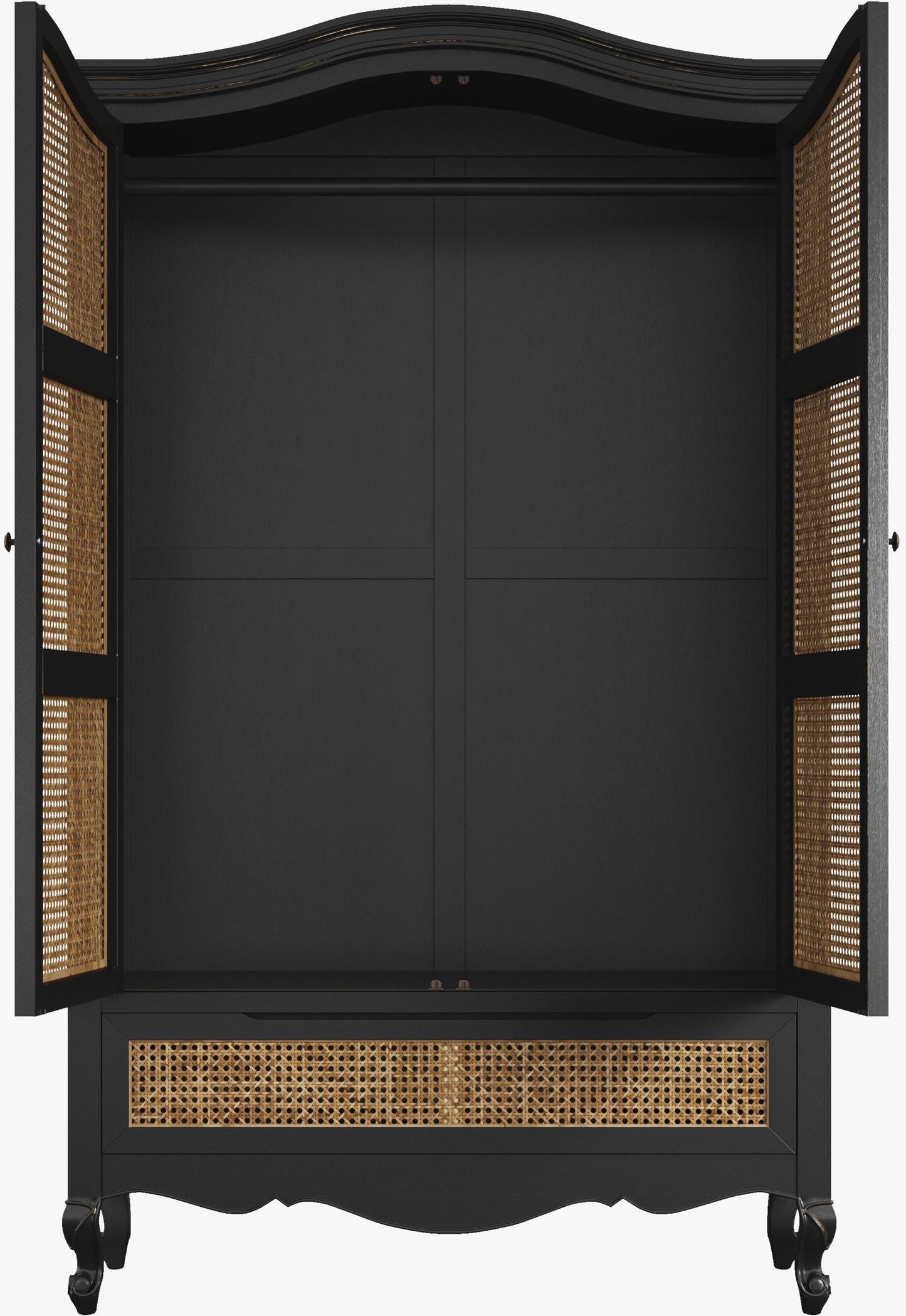 Laura Ashley Montpellier wardrobe in black with brown rattan cane panel doors, curved French cornice, spacious interior hanging rail, lower storage drawer and elegant cabriole legs
