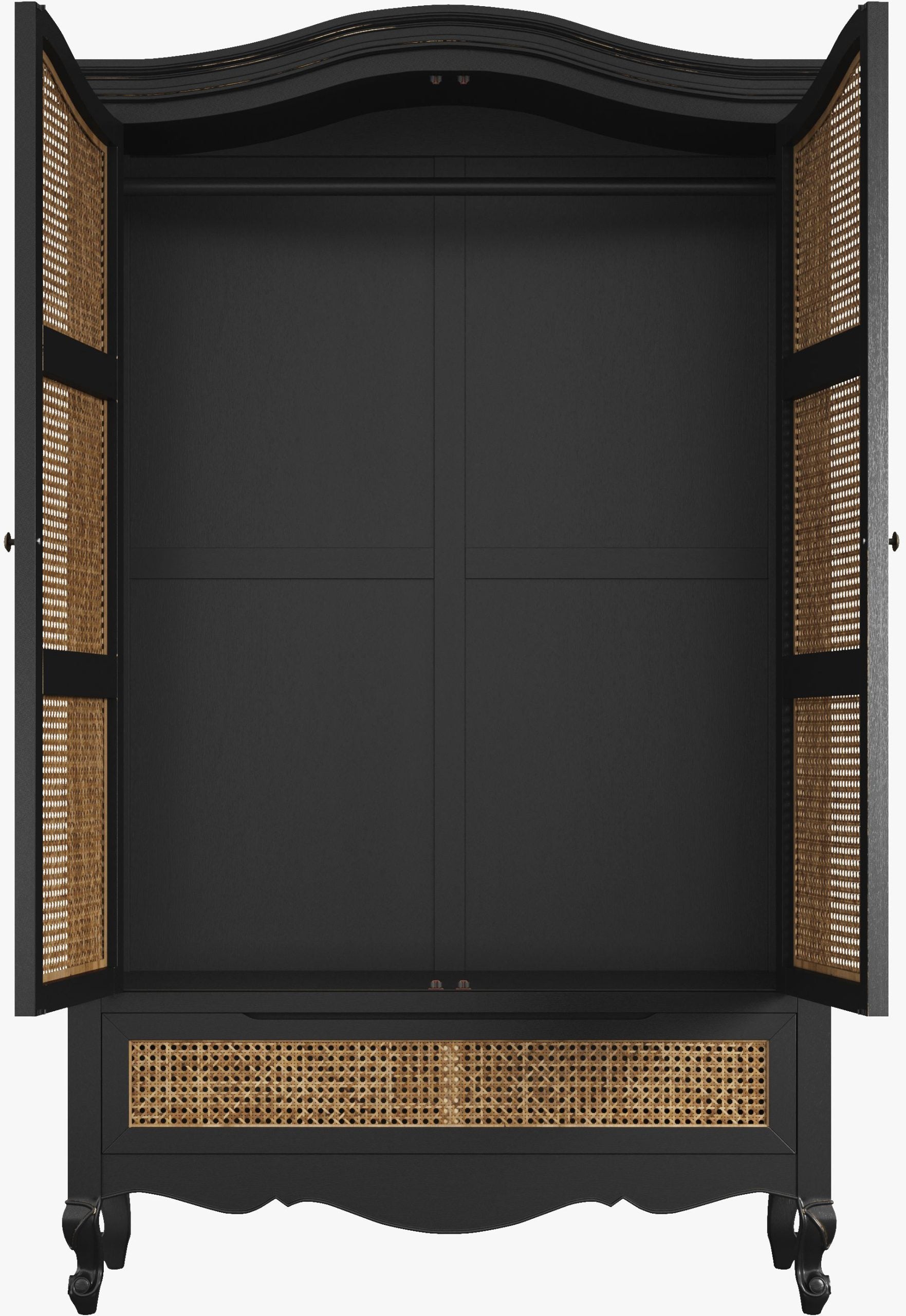 Laura Ashley Montpellier wardrobe in black with brown rattan cane panel doors, curved French cornice, spacious interior hanging rail, lower storage drawer and elegant cabriole legs