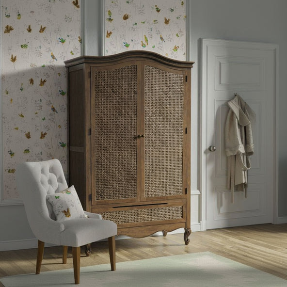 Laura Ashley Walnut 2 Door 1 Drawer Wardrobe from the Montpellier bedroom collection features rattan panelled doors and drawer front, elegant curved French styling and cabriole legs