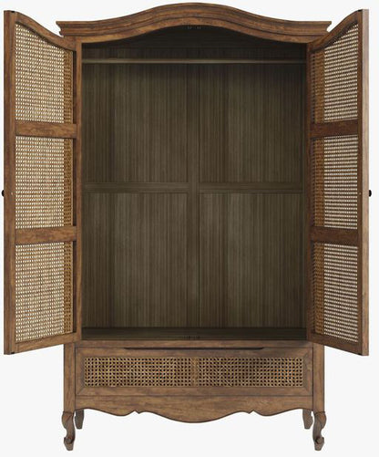 Laura Ashley Montpellier wardrobe in aged walnut with rattan cane panel doors, curved French cornice, spacious interior hanging rail, lower storage drawer and elegant cabriole legs.