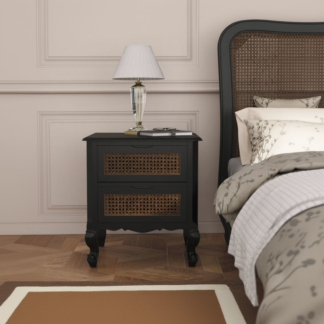 Laura Ashley Black 2 drawer bedside chest from the Montpellier bedroom collection with rattan detailed drawer fronts and French styled curved frame and cabriole legs