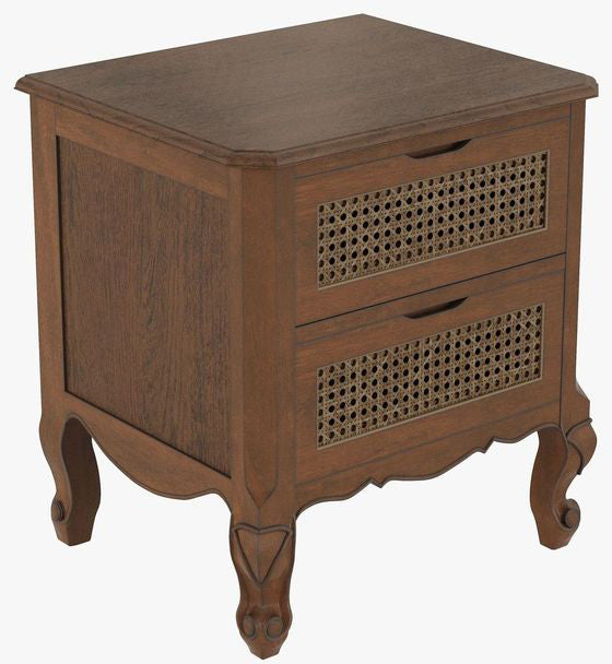 Laura Ashley Montpellier 2 drawer bedside chest in aged walnut wood with  rattan detail drawer fronts and cabriole legs