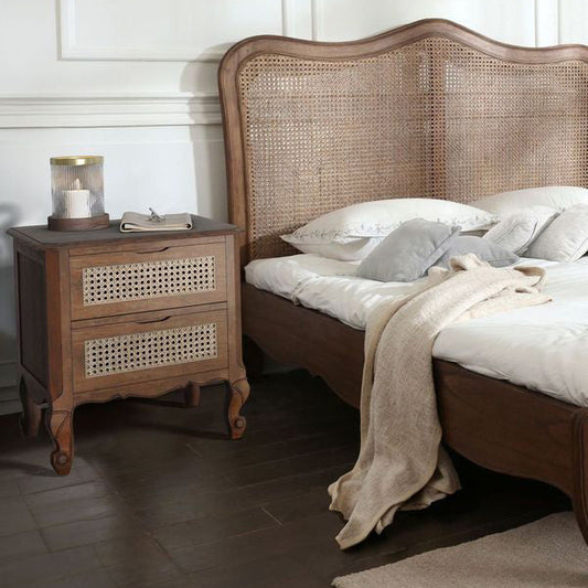 Laura Ashley Montpellier 2 Drawer Bedside Chest with rattan drawer fronts and curved frame with cabriole legs 