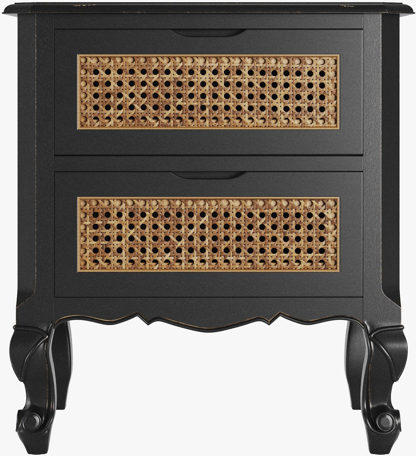 Laura Ashley Montpellier 2 drawer bedside chest with brown rattan drawer front detail and French styled curved frame