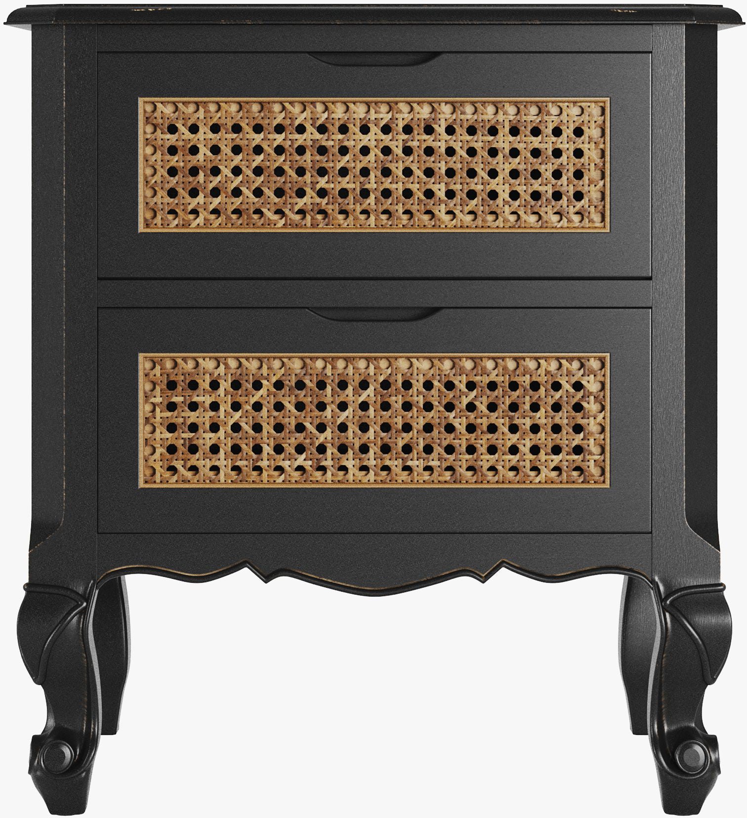 Laura Ashley Montpellier 2 drawer bedside chest with brown rattan drawer front detail and French styled curved frame