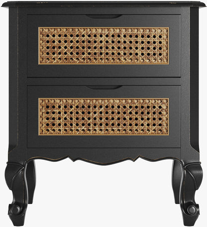 Laura Ashley Montpellier 2 drawer bedside chest with brown rattan drawer front detail and French styled curved frame