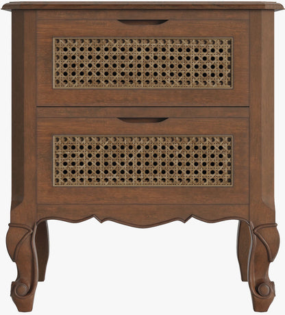 Laura Ashley Montpellier 2 drawer bedside chest in aged walnut featuring rattan cane drawer fronts, curved French styling, scalloped apron and elegant cabriole legs.