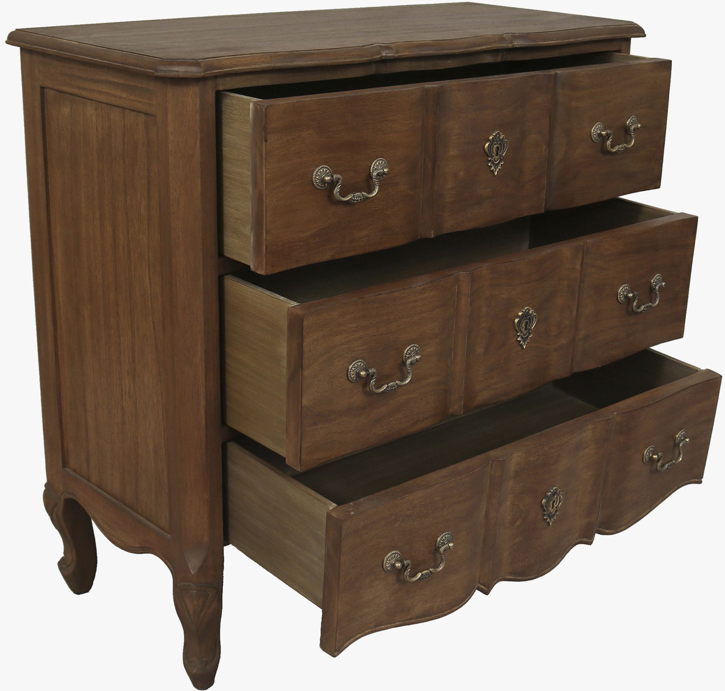 Laura Ashley Montpellier 3 drawer chest in walnut with curved French styling and decorative brass handles