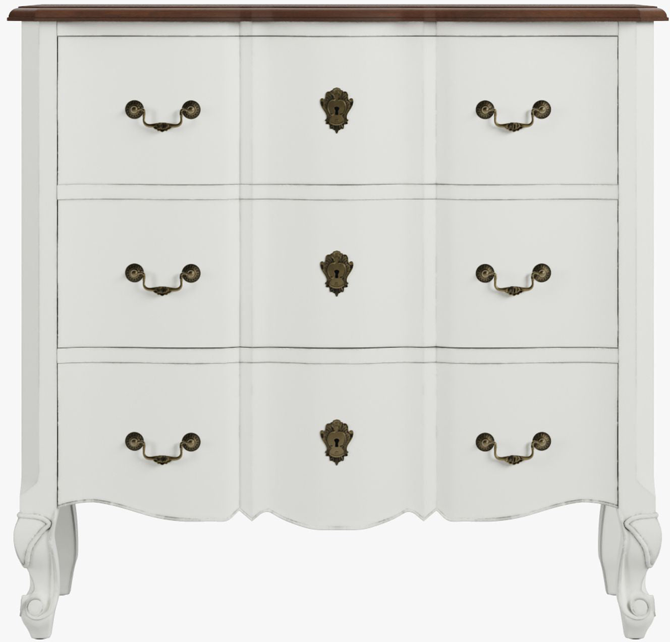 Laura Ashley Montpellier 3 drawer chest in white with a walnut wood top and decorative brass handles