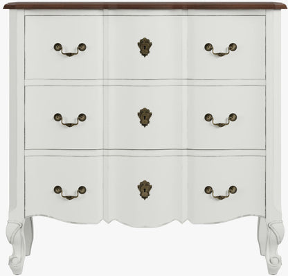 Laura Ashley Montpellier 3 drawer chest in white with a walnut wood top and decorative brass handles