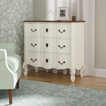 Laura Ashley Montpellier 3 drawer chest in white with walnut wood top. the large spacious drawers have decorative double handles and lock detail and the French styled curved frame features cabriole legs