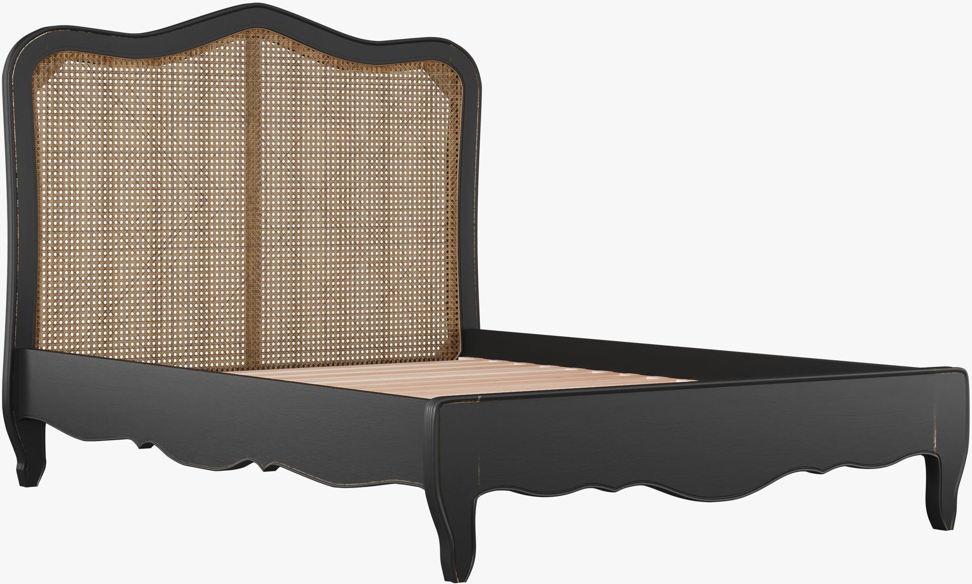 Laura Ashley Montpellier 4ft 6 Double Bed frame in Black with brown rattan headboard, curved frame and legs and solid wood slats
