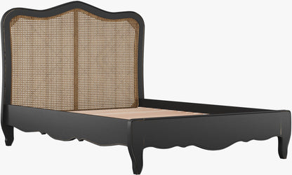 Laura Ashley Montpellier 4ft 6 Double Bed frame in Black with brown rattan headboard, curved frame and legs and solid wood slats
