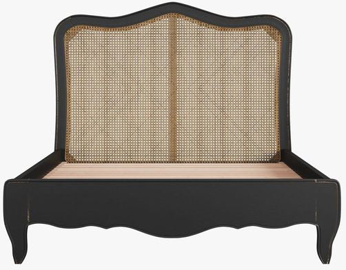 Laura Ashley Montpellier 4ft 6 Double Bed frame in Black with brown rattan headboard and solid wood slats