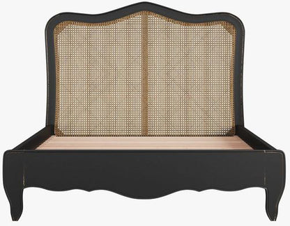 Laura Ashley Montpellier 4ft 6 Double Bed frame in Black with brown rattan headboard and solid wood slats