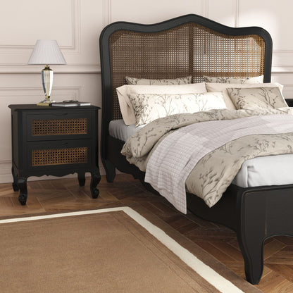 Laura Ashley Montpellier 4ft 6 Double Bed frame in Black with brown rattan headboard and elegant French curved frame and legs