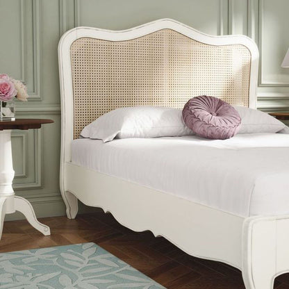 Laura Ashley Montpellier 4ft 6 Double Bed frame in elegant French Ivory with natural coloured rattan headboard and curved cabriole legs