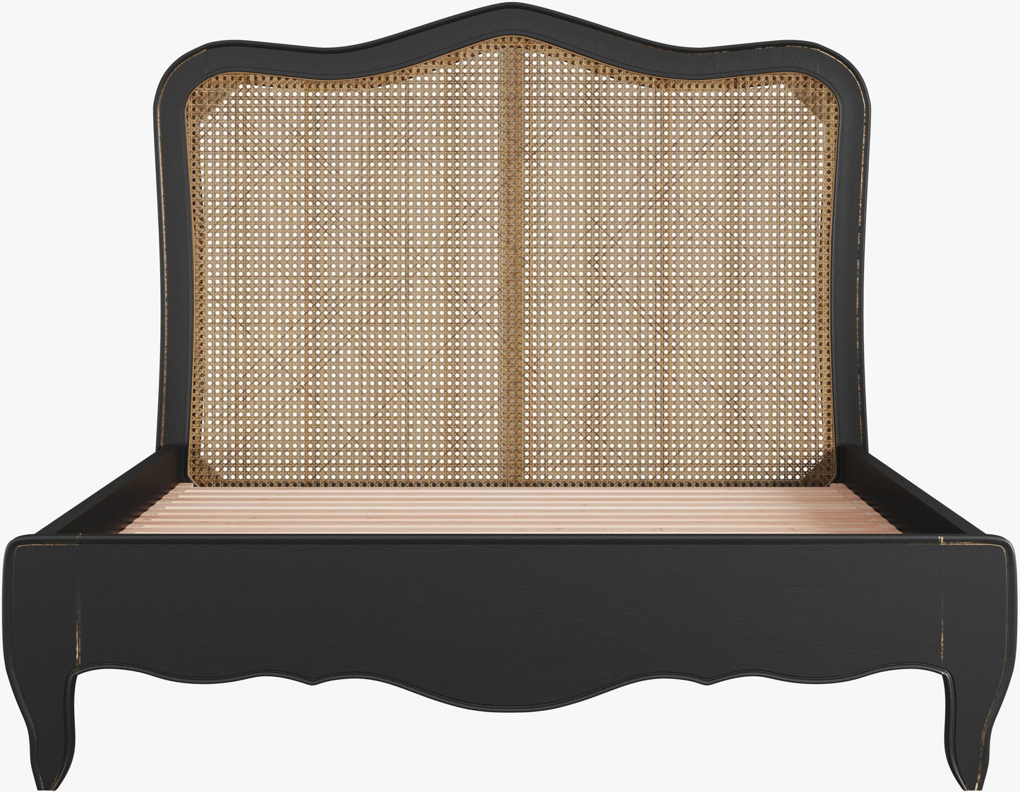 Laura Ashley Montpellier 5ft Bed frame in Black with rattan headboard, wood slats and curved cabriole legs