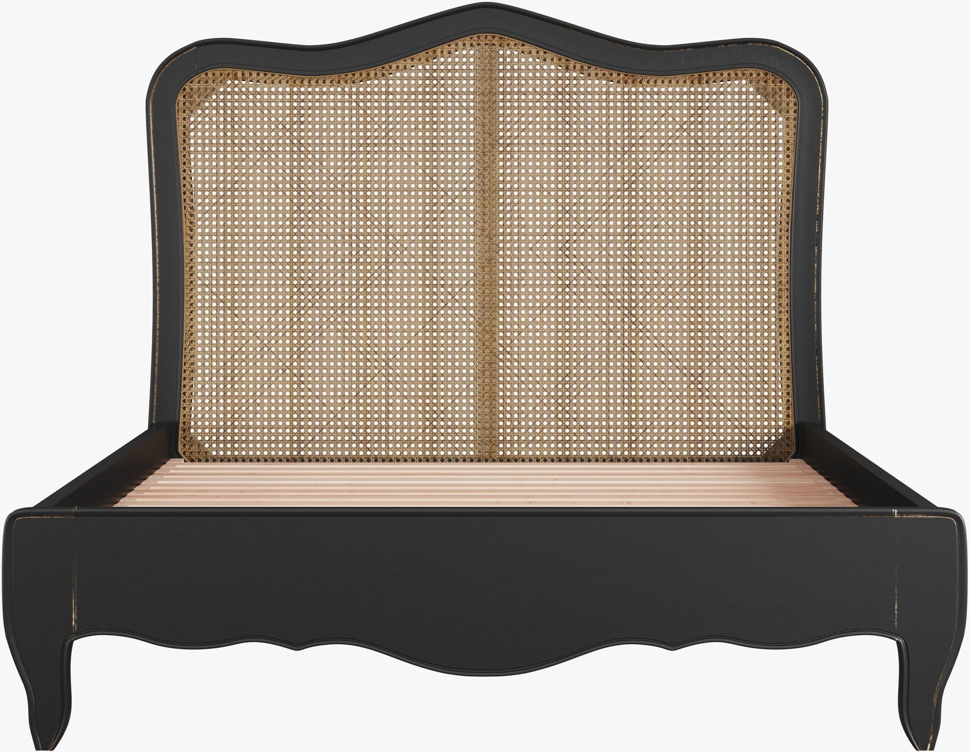 Laura Ashley Montpellier 5ft Bed frame in Black with rattan headboard, wood slats and curved cabriole legs