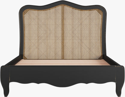 Laura Ashley Montpellier 5ft Bed frame in Black with rattan headboard, wood slats and curved cabriole legs