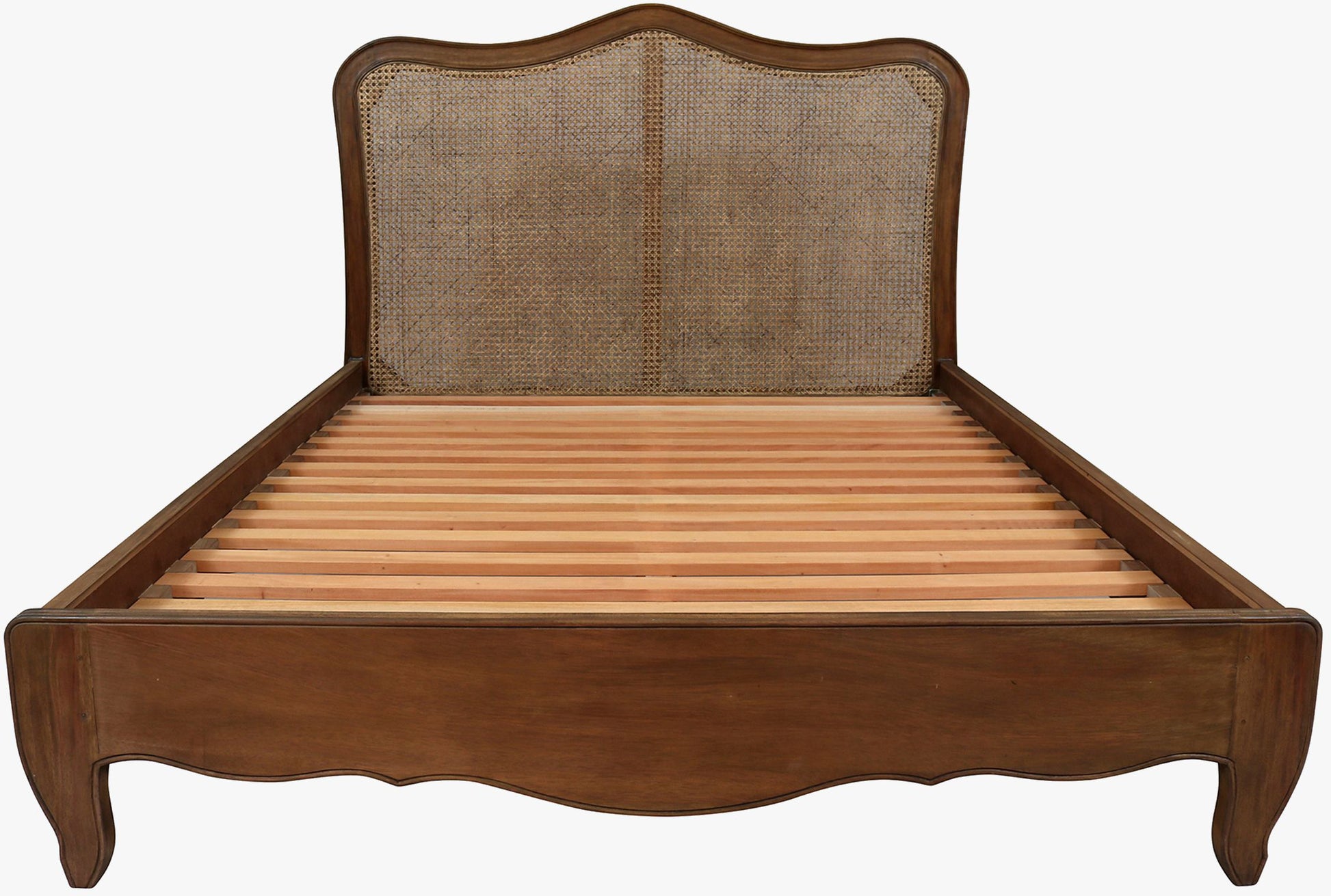Laura Ashley 5ft Bed frame in Walnut from the Montpellier bedroom collection with solid wood slats, rattan headboard and cabriole legs