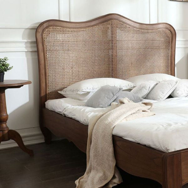 Laura Ashley Montpellier 5ft King Size Bed frame in Walnut, with elegant French styling, rattan headboard and curved cabriole legs