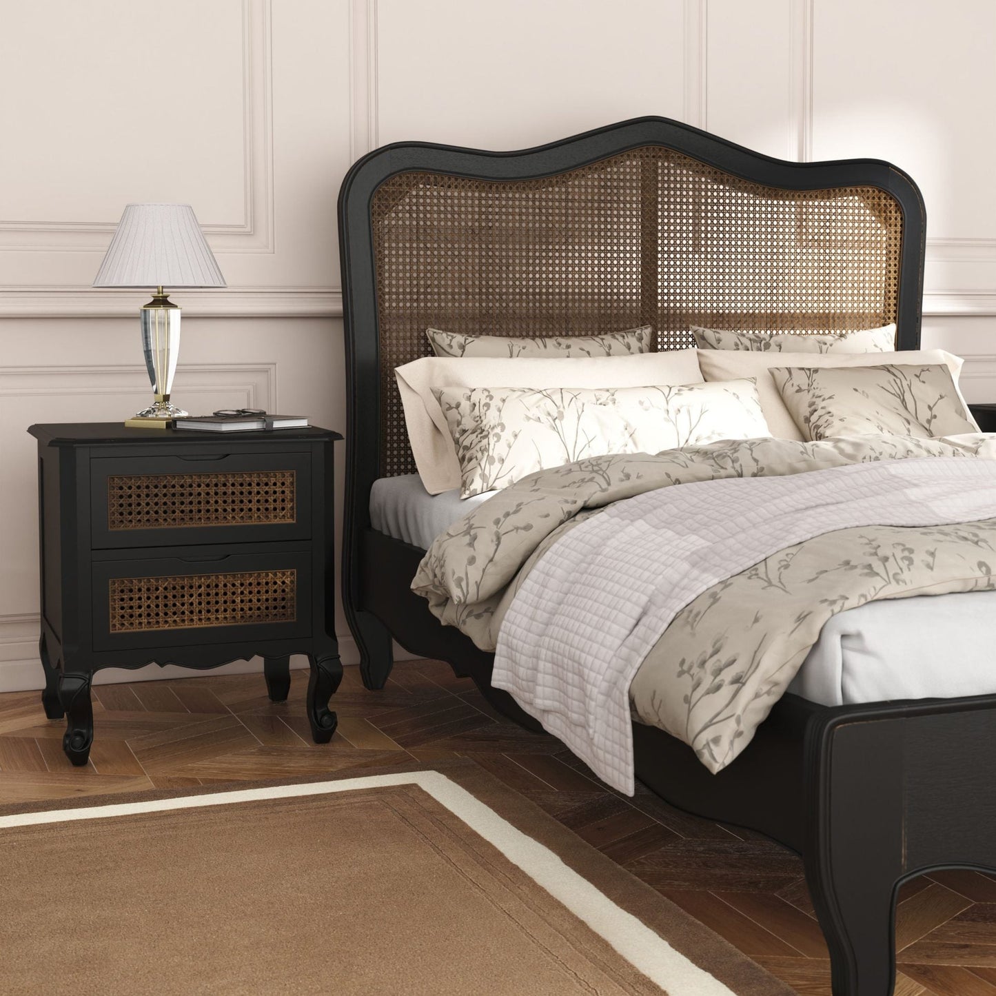 Laura Ashley Montpellier 5ft King Size Bed frame in Black with brown rattan headboard