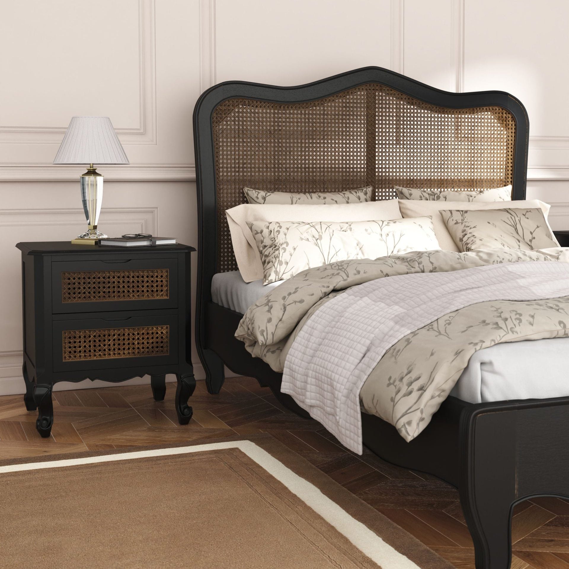 Laura Ashley Montpellier 5ft King Size Bed frame in Black with brown rattan headboard