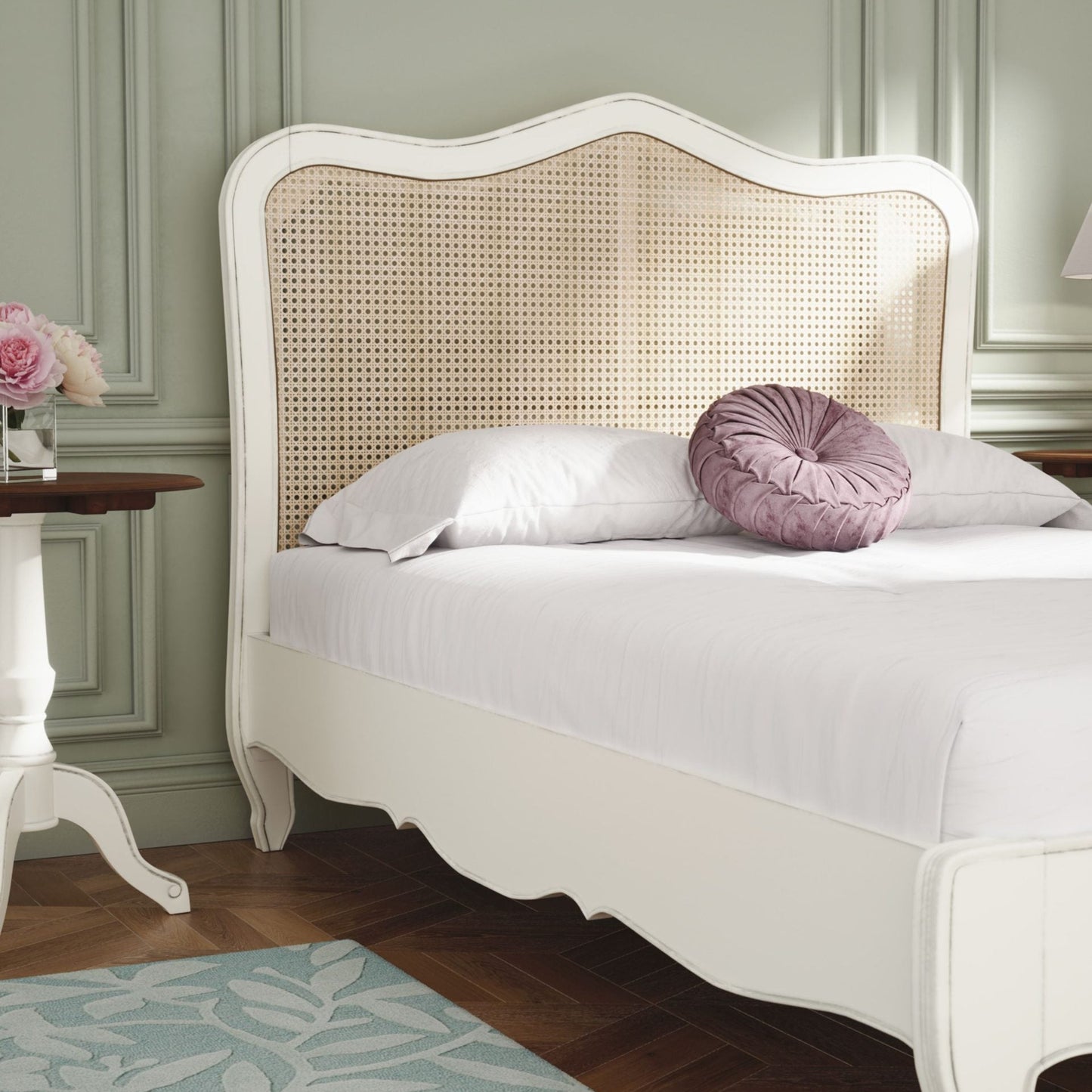 Laura Ashley Montpellier 5ft king size Bed frame in Ivory with elegant French styling, rattan detailed headboard & curved cabriole legs